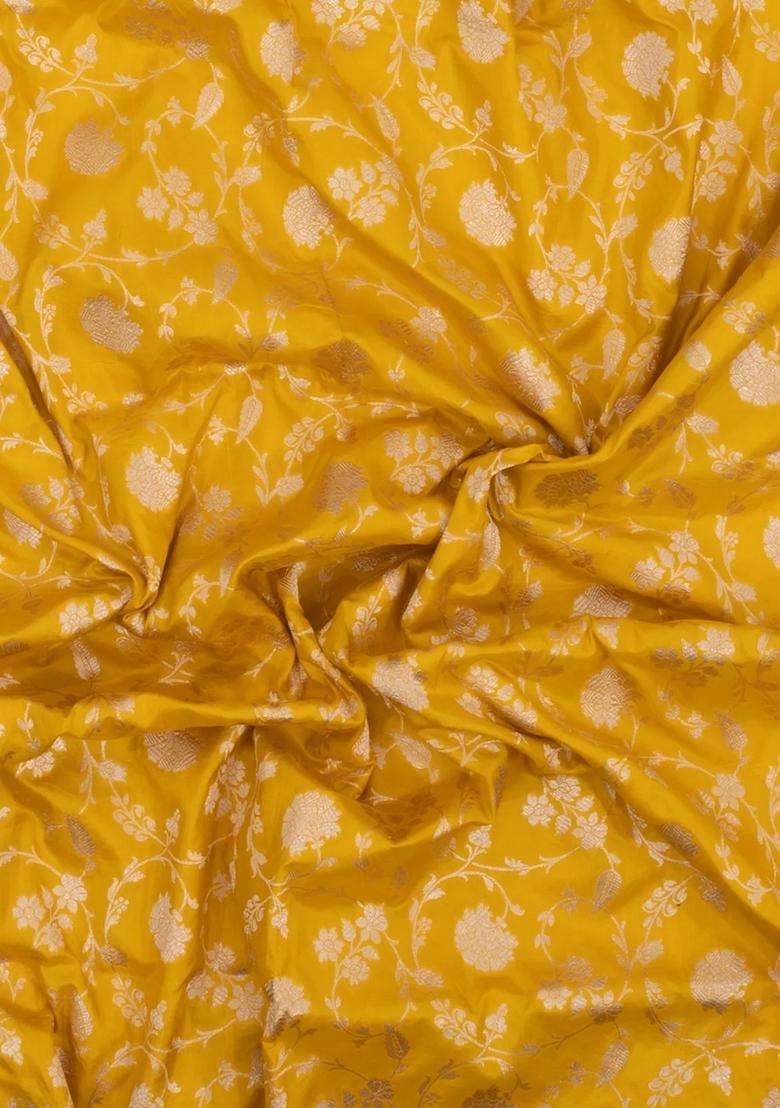 Mustard Handloom Banarasi Silk Saree With Floral Zari Motifs With Buttas And Brocade Design For Women - Indya