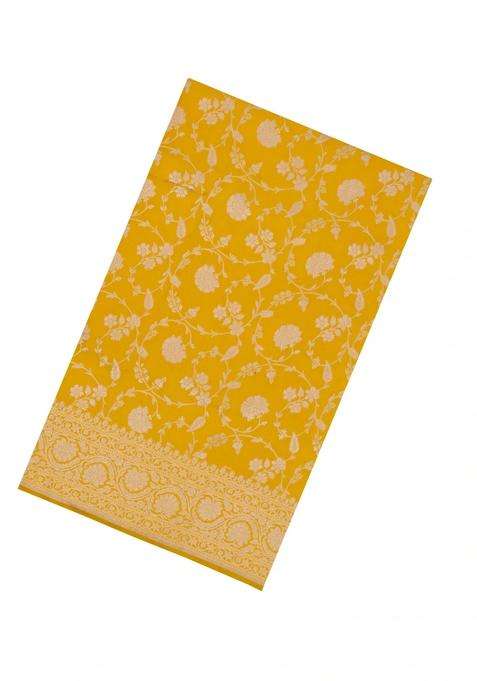 Mustard Handloom Banarasi Silk Saree With Floral Zari Motifs With Buttas And Brocade Design For Women