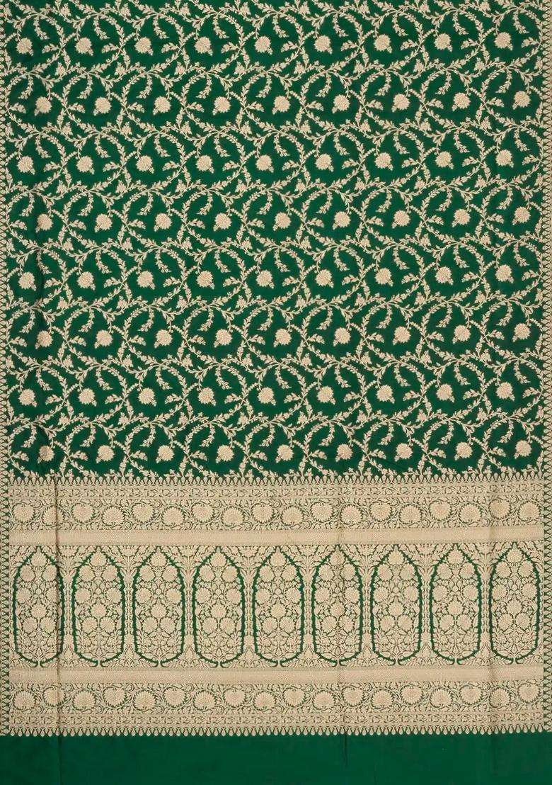 Dark Green Handloom Banarasi Silk Saree With Floral Zari Motifs With Buttas And Brocade Design For Women - Indya