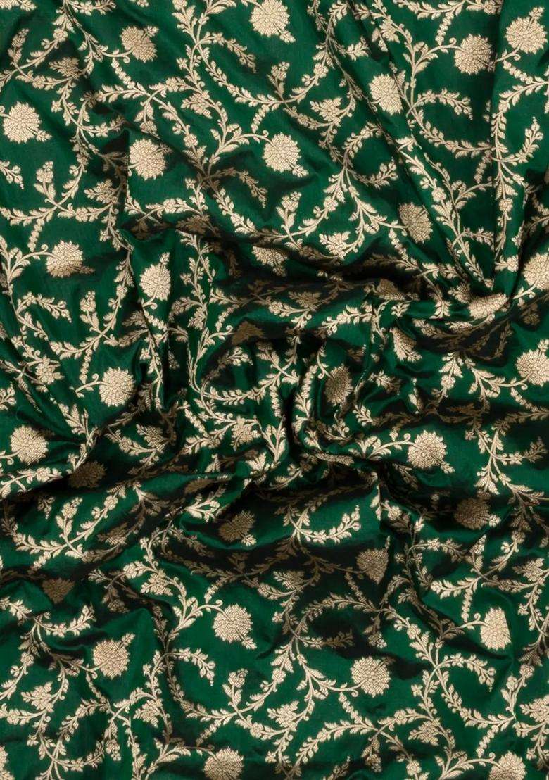 Dark Green Handloom Banarasi Silk Saree With Floral Zari Motifs With Buttas And Brocade Design For Women - Indya