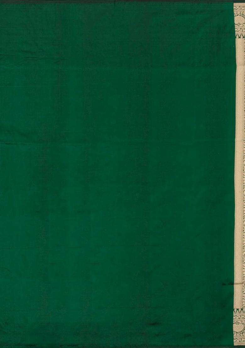 Dark Green Handloom Banarasi Silk Saree With Floral Zari Motifs With Buttas And Brocade Design For Women - Indya
