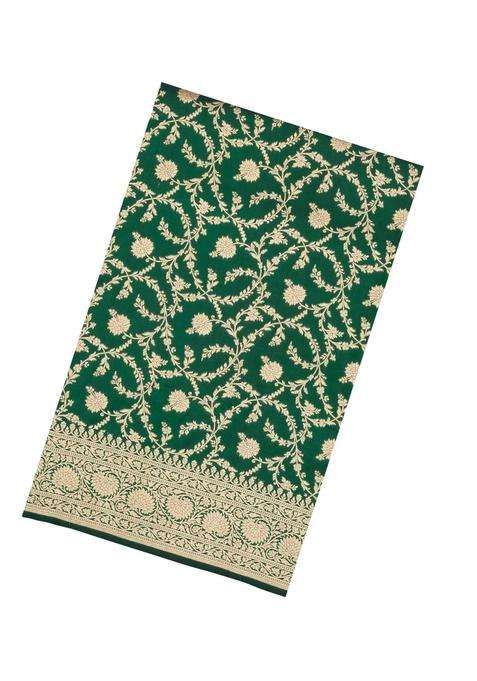Dark Green Handloom Banarasi Silk Saree With Floral Zari Motifs With Buttas And Brocade Design For Women