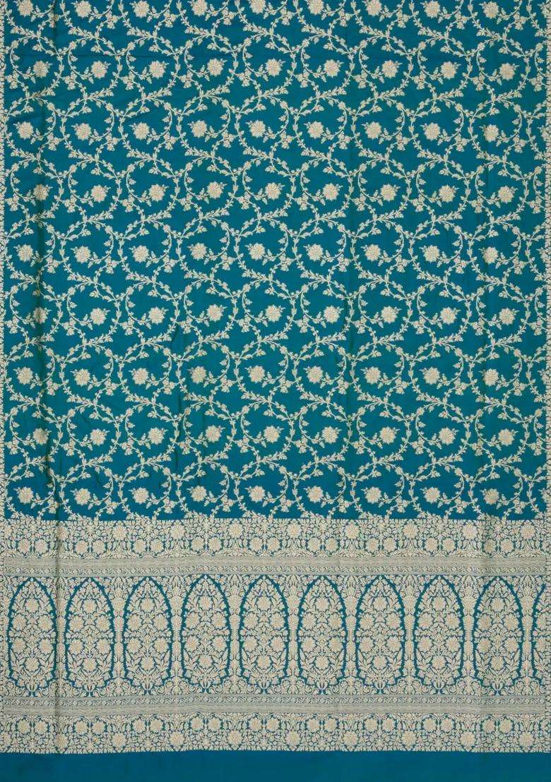 Sea Green Handloom Banarasi Silk Saree With Floral Zari Motifs With Buttas And Brocade Design For Women - Indya