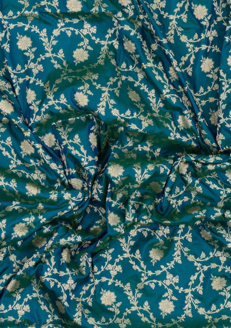 Sea Green Handloom Banarasi Silk Saree With Floral Zari Motifs With Buttas And Brocade Design For Women - Indya