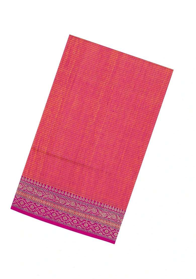 Peach Handloom Banarasi Silk Saree With Stripes Contrast Border With Checks And Stripes Design For Women - Indya