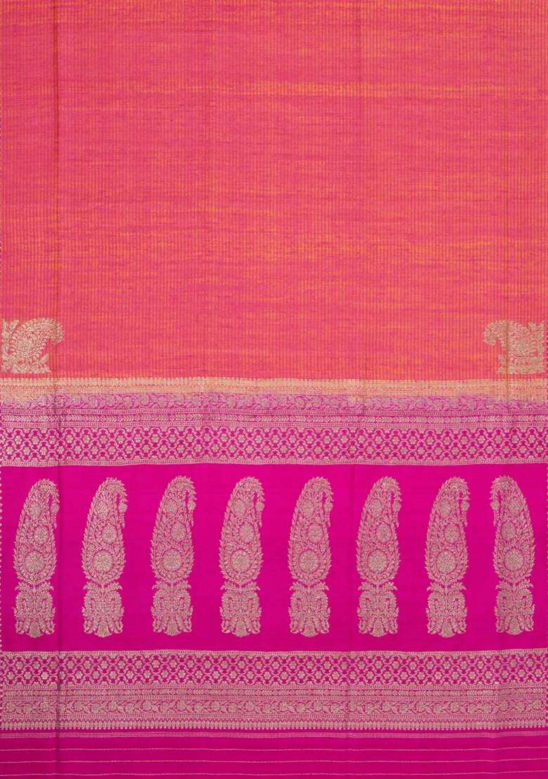 Peach Handloom Banarasi Silk Saree With Stripes Contrast Border With Checks And Stripes Design For Women - Indya