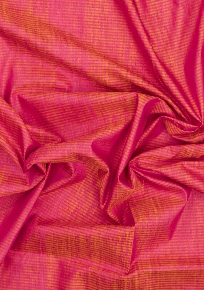 Peach Handloom Banarasi Silk Saree With Stripes Contrast Border With Checks And Stripes Design For Women - Indya