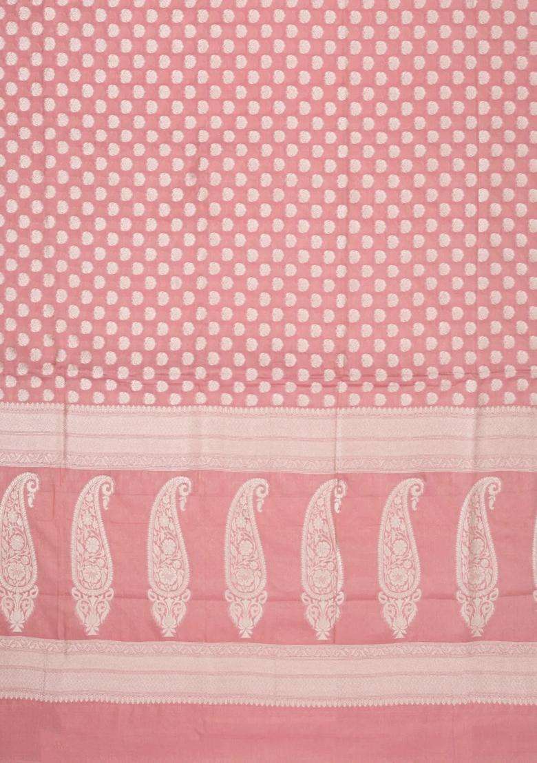 Dusty Pink Handloom Banarasi Silk Saree With Floral Zari Motifs With Buttas And Brocade Design For Women - Indya