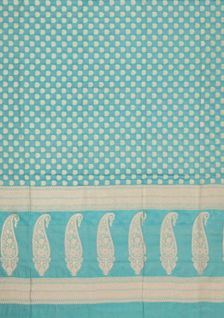 Turquoise Handloom Banarasi Silk Saree With Floral Zari Motifs With Buttas And Brocade Design For Women - Indya