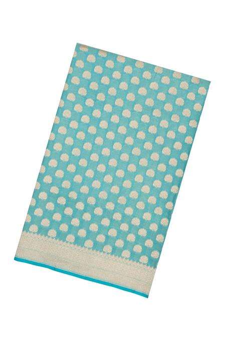 Turquoise Handloom Banarasi Silk Saree With Floral Zari Motifs With Buttas And Brocade Design For Women