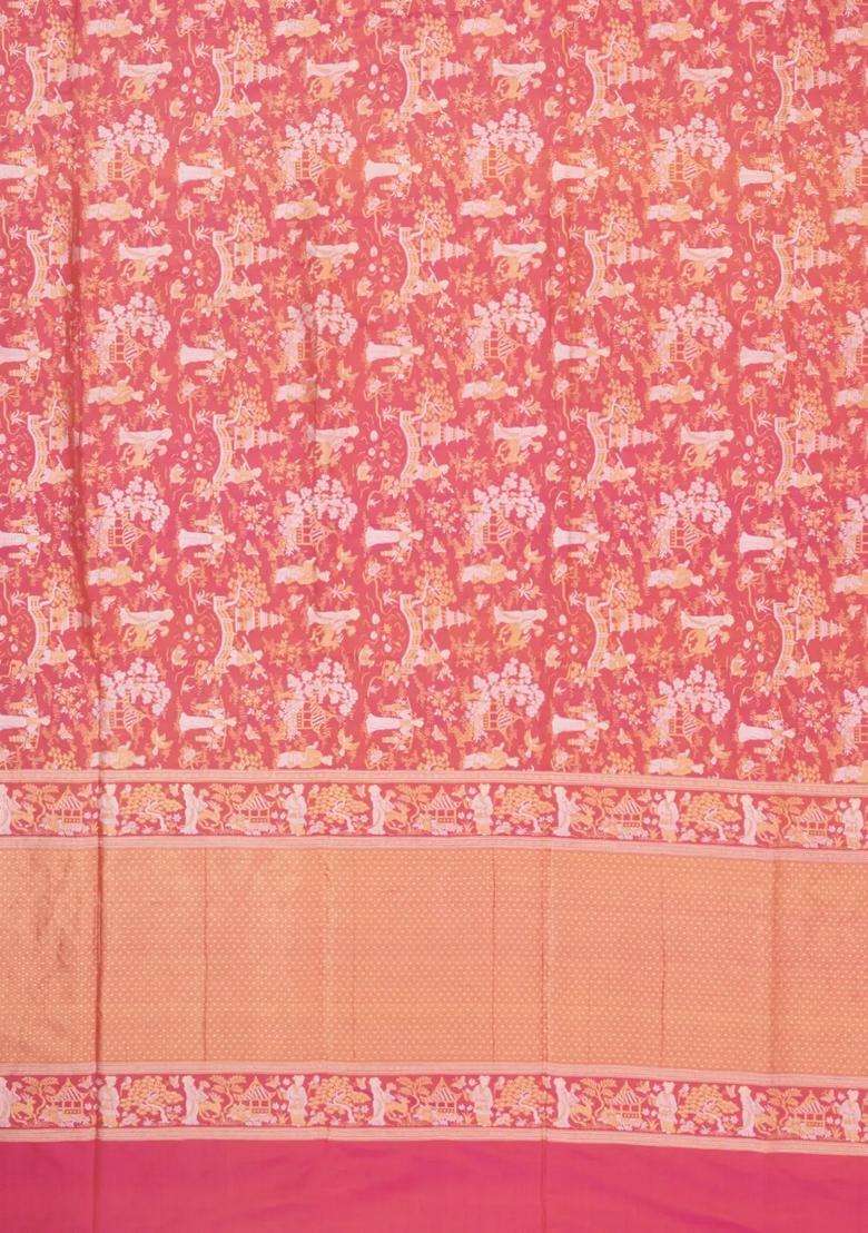 Dusty Peach Handloom Banarasi Silk Saree With Zari Motifs With Buttas And Brocade Design For Women - Indya