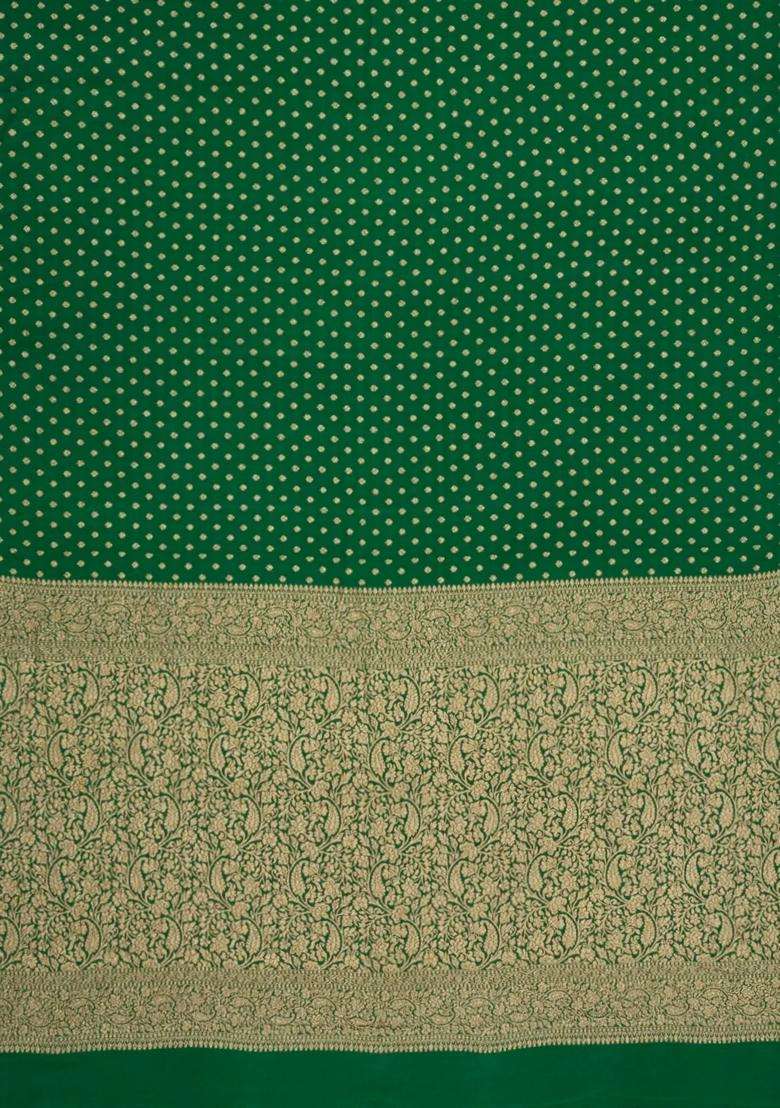Green Handloom Banarasi Khaddi Georgette Silk Saree With Floral Motifs With Buttas And Brocade Design For Women - Indya