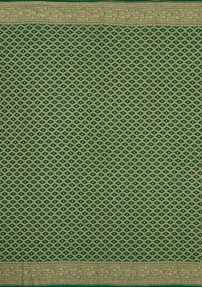 Green Handloom Banarasi Khaddi Georgette Silk Saree With Floral Motifs With Buttas And Brocade Design For Women - Indya