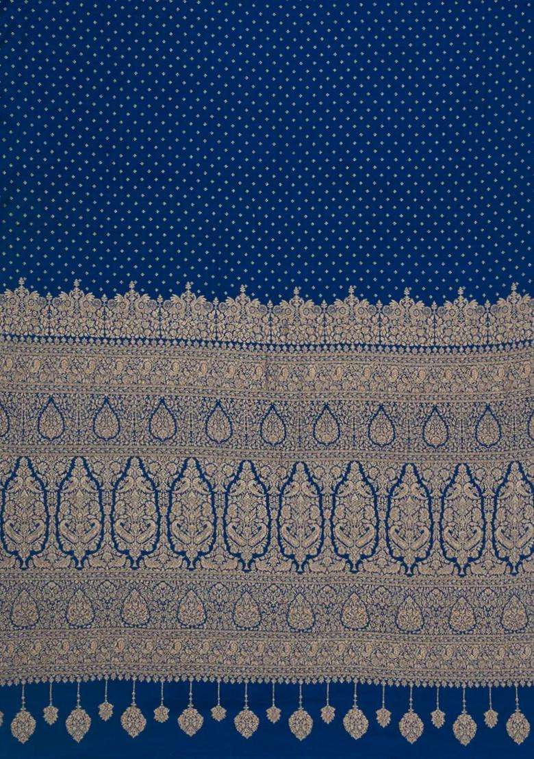 Blue Handloom Banarasi Khaddi Georgette Silk Saree With Floral Motifs With Buttas And Brocade Design For Women - Indya
