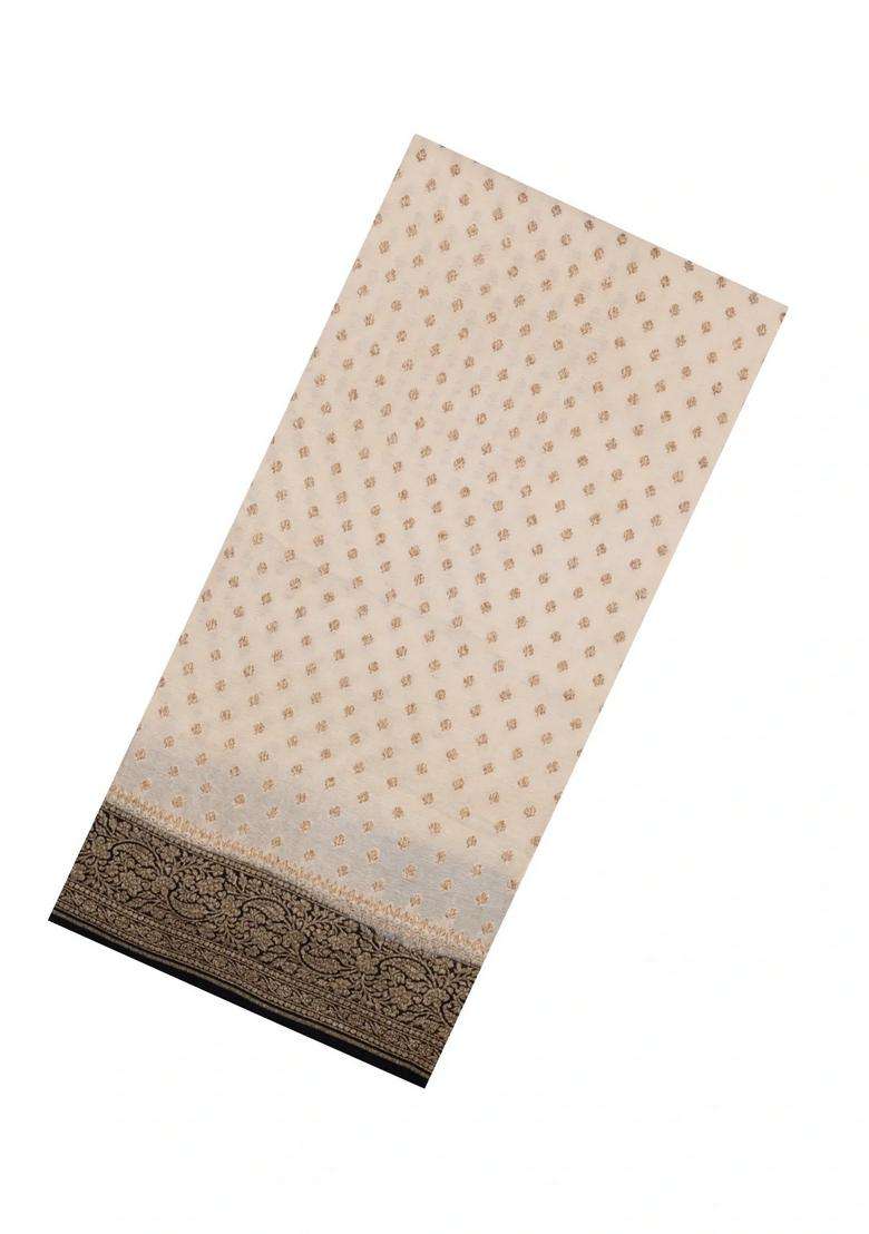 Off White Handloom Banarasi Khaddi Georgette Silk Saree With Contrast Border With Buttas And Brocade Design For Women - Indya