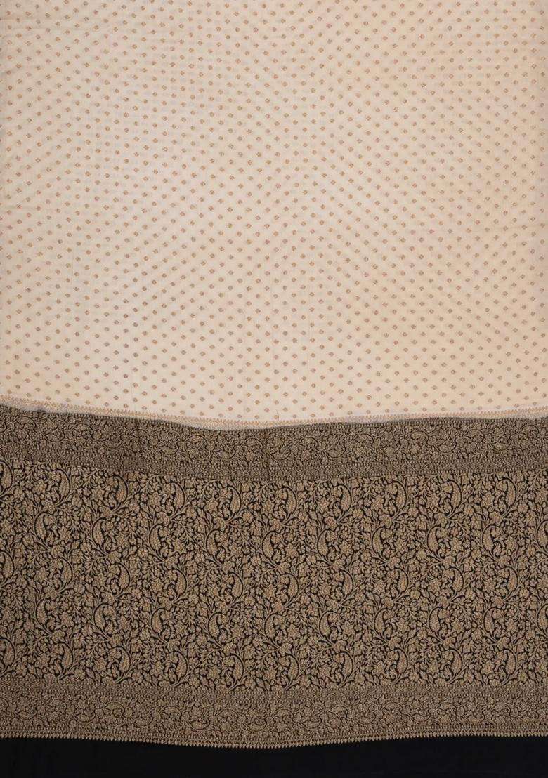 Off White Handloom Banarasi Khaddi Georgette Silk Saree With Contrast Border With Buttas And Brocade Design For Women - Indya