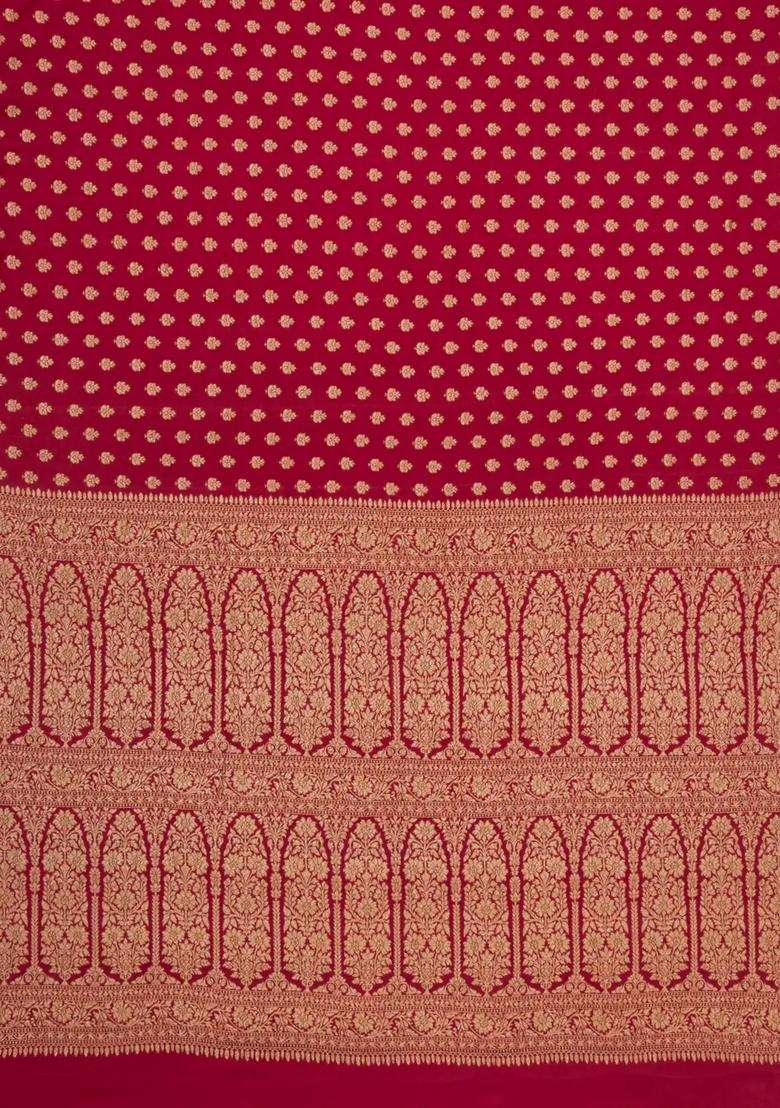 Red Handloom Banarasi Khaddi Georgette Silk Saree With Floral Motifs With Buttas And Brocade Design For Women - Indya