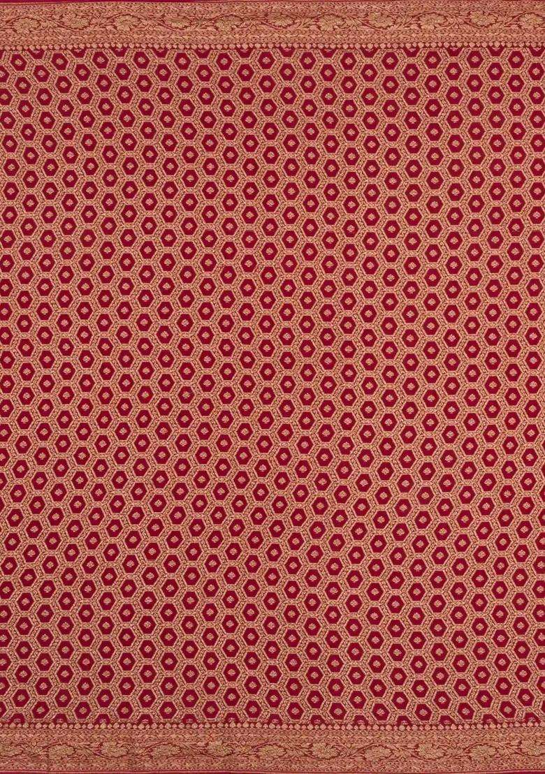 Red Handloom Banarasi Khaddi Georgette Silk Saree With Floral Motifs With Buttas And Brocade Design For Women - Indya