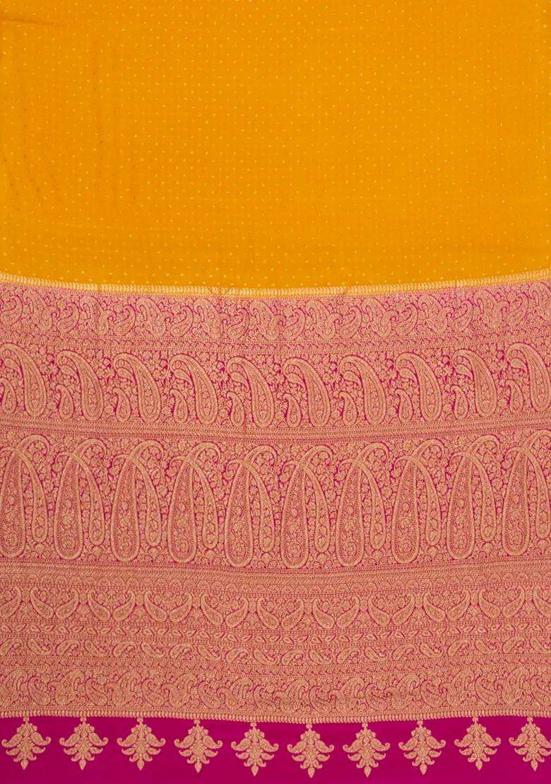 Mustard Handloom Banarasi Khaddi Georgette Silk Saree With Contrast Border With Buttas And Brocade Design For Women - Indya