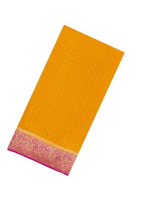 Mustard Handloom Banarasi Khaddi Georgette Silk Saree With Contrast Border With Buttas And Brocade Design For Women