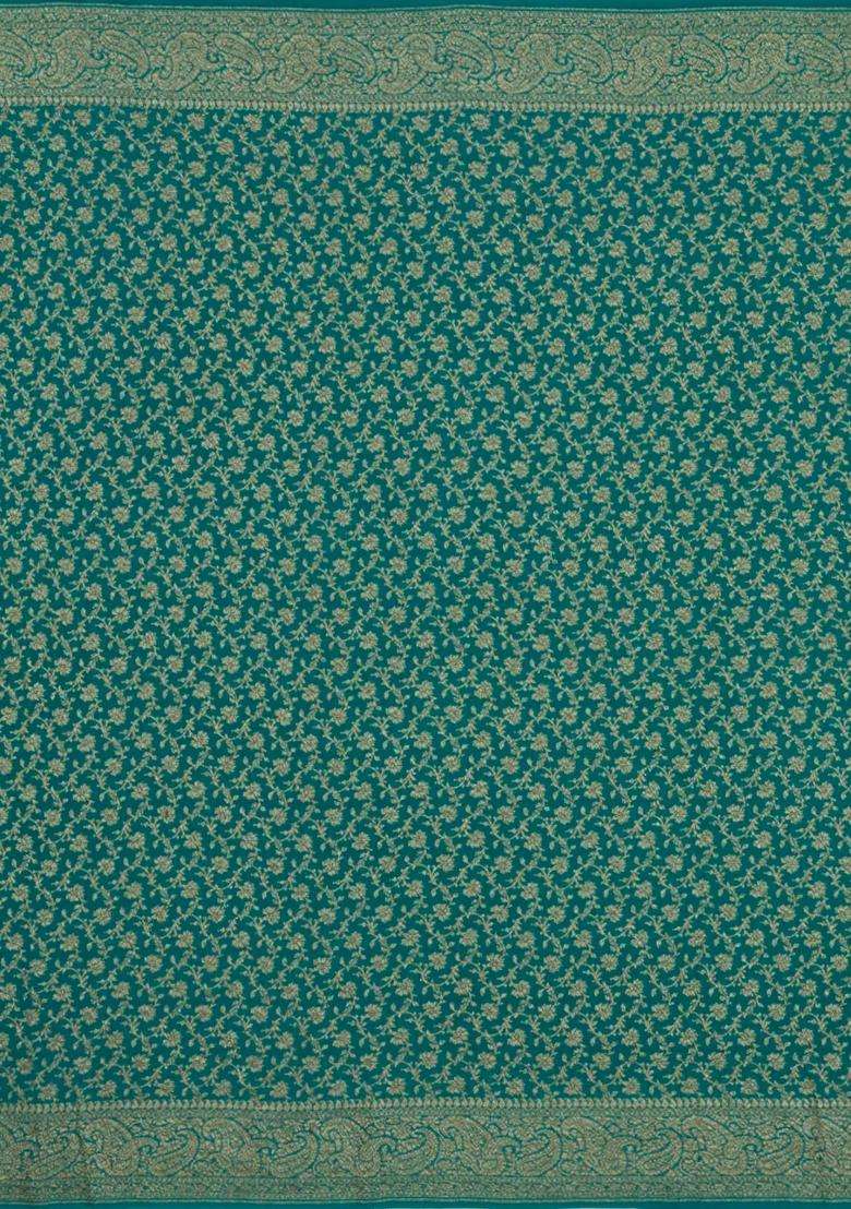 Sea Green Handloom Banarasi Khaddi Georgette Silk Saree With Floral Motifs With Buttas And Brocade Design For Women - Indya