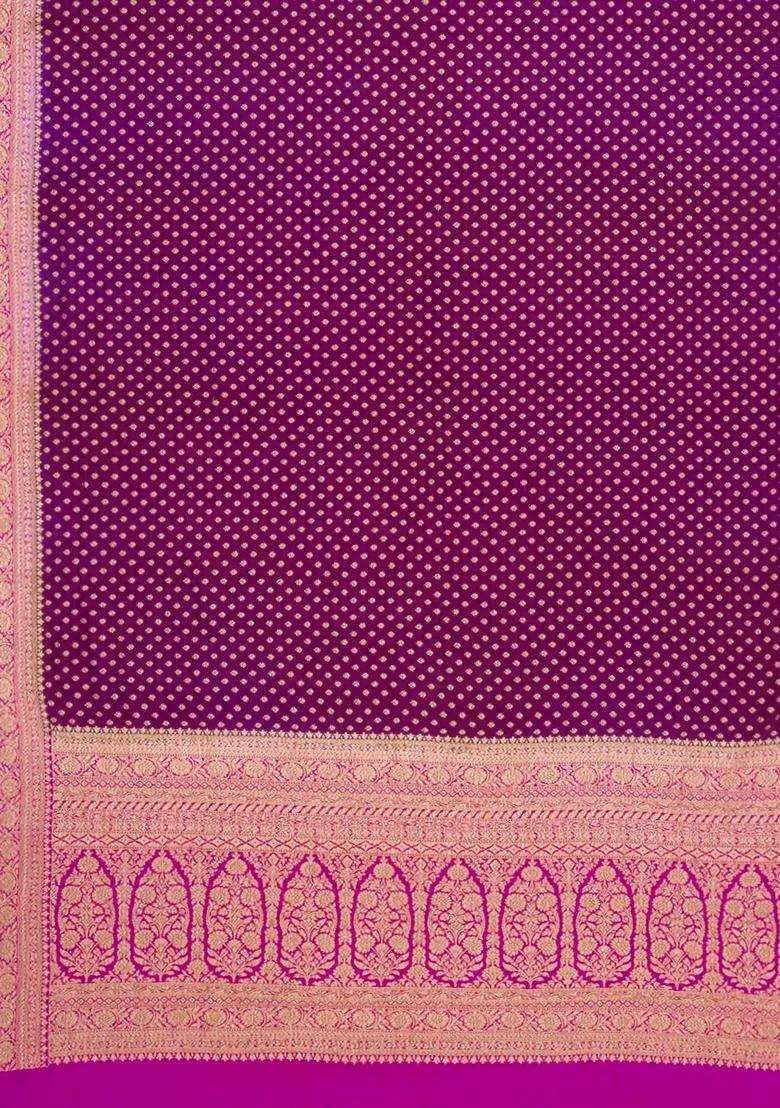 Magenta Handloom Banarasi Khaddi Georgette Silk Saree With Contrast Border With Buttas And Brocade Design For Women - Indya