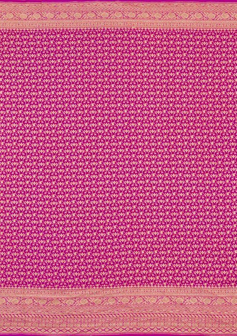 Magenta Handloom Banarasi Khaddi Georgette Silk Saree With Contrast Border With Buttas And Brocade Design For Women - Indya