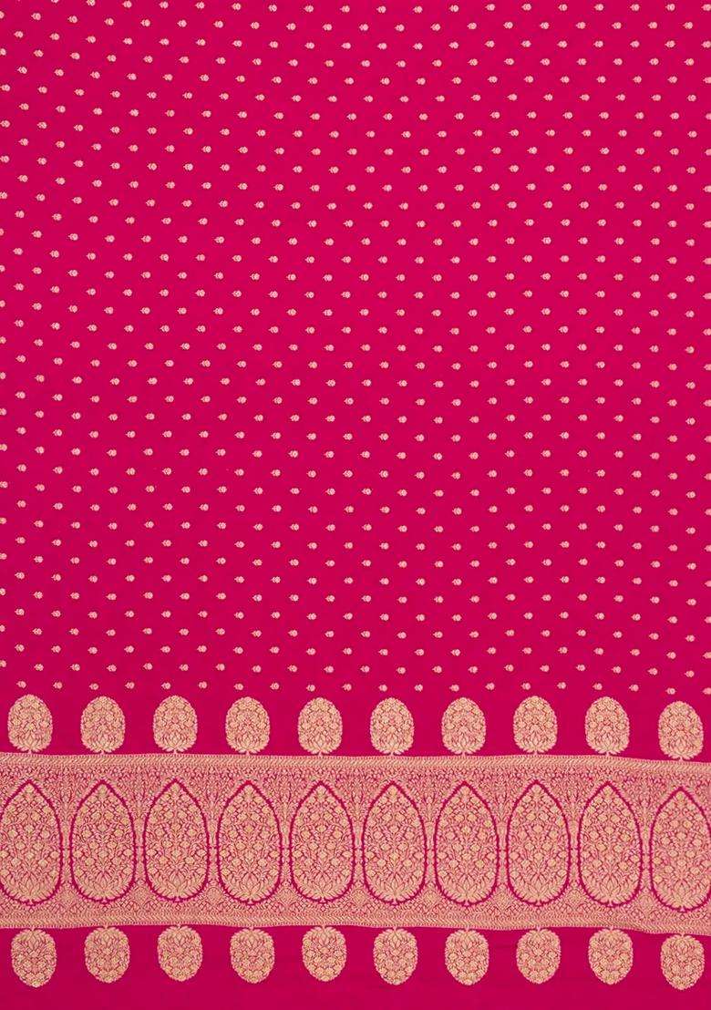 Pink Handloom Banarasi Khaddi Georgette Silk Saree With Floral Motifs With Buttas And Brocade Design For Women - Indya