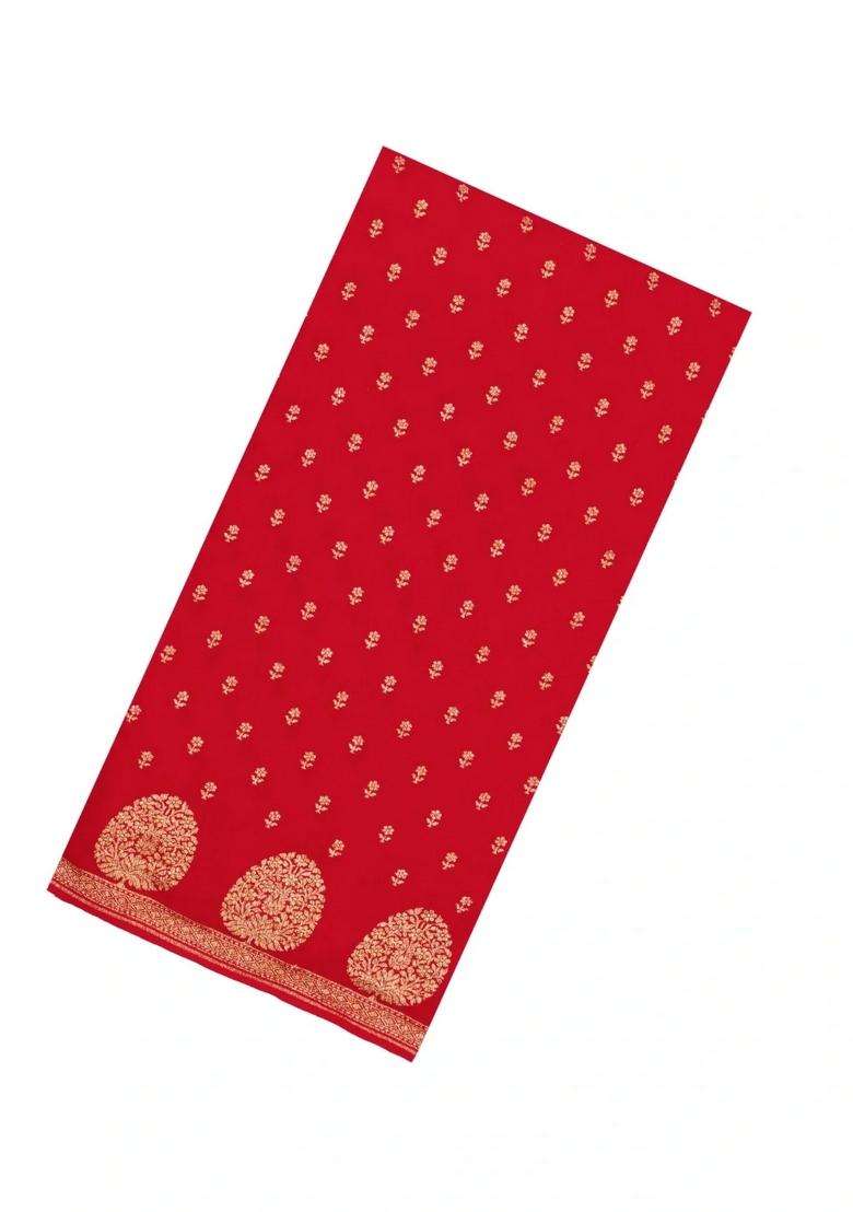 Red Handloom Banarasi Khaddi Georgette Silk Saree With Floral Motifs With Buttas And Brocade Design For Women - Indya