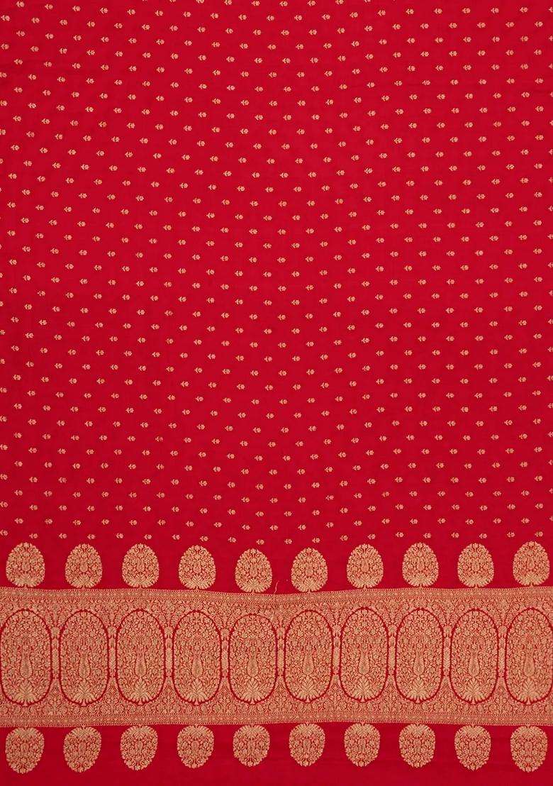 Red Handloom Banarasi Khaddi Georgette Silk Saree With Floral Motifs With Buttas And Brocade Design For Women - Indya