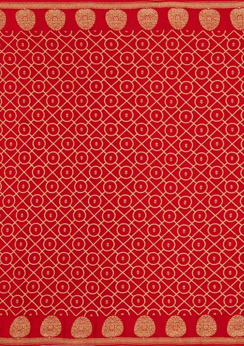 Red Handloom Banarasi Khaddi Georgette Silk Saree With Floral Motifs With Buttas And Brocade Design For Women - Indya