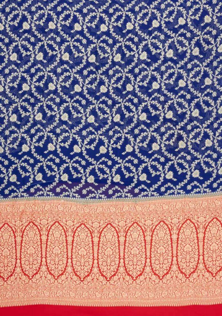 Blue Handloom Banarasi Khaddi Georgette Silk Saree With Contrast Border With Buttas And Brocade Design For Women - Indya