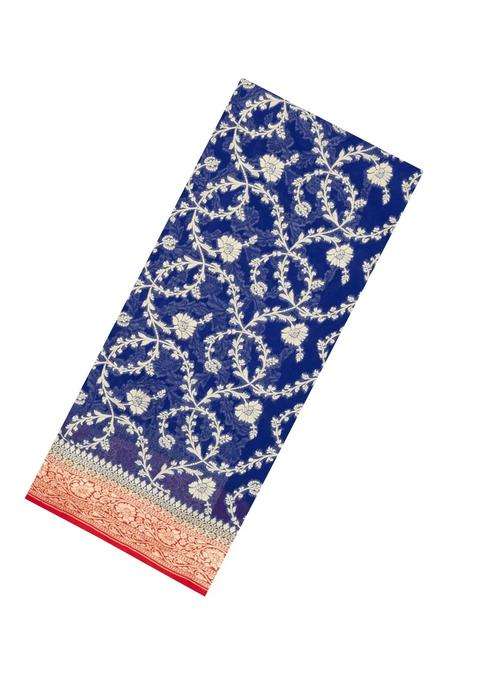 Blue Handloom Banarasi Khaddi Georgette Silk Saree With Contrast Border With Buttas And Brocade Design For Women