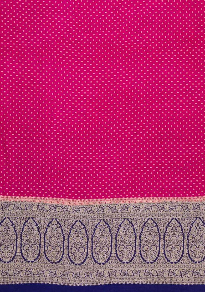 Pink Handloom Banarasi Khaddi Georgette Silk Saree With Contrast Border With Buttas And Brocade Design For Women - Indya