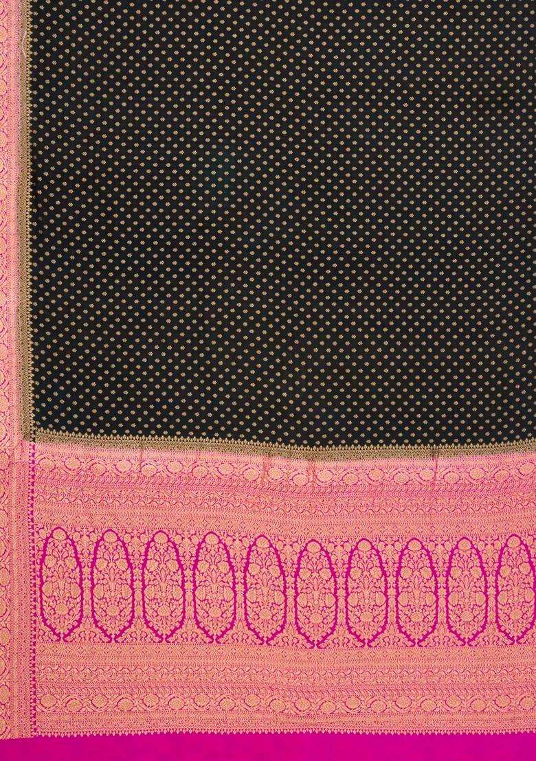 Black Handloom Banarasi Khaddi Georgette Silk Saree With Contrast Border With Buttas And Brocade Design For Women - Indya