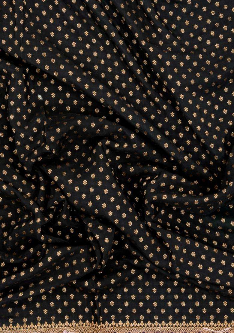 Black Handloom Banarasi Khaddi Georgette Silk Saree With Contrast Border With Buttas And Brocade Design For Women - Indya