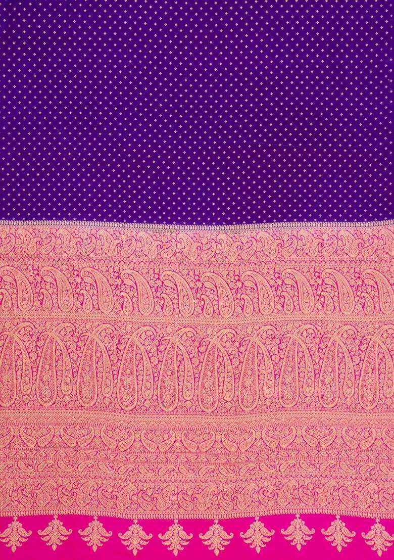 Purple Handloom Banarasi Khaddi Georgette Silk Saree With Contrast Border With Buttas And Brocade Design For Women - Indya