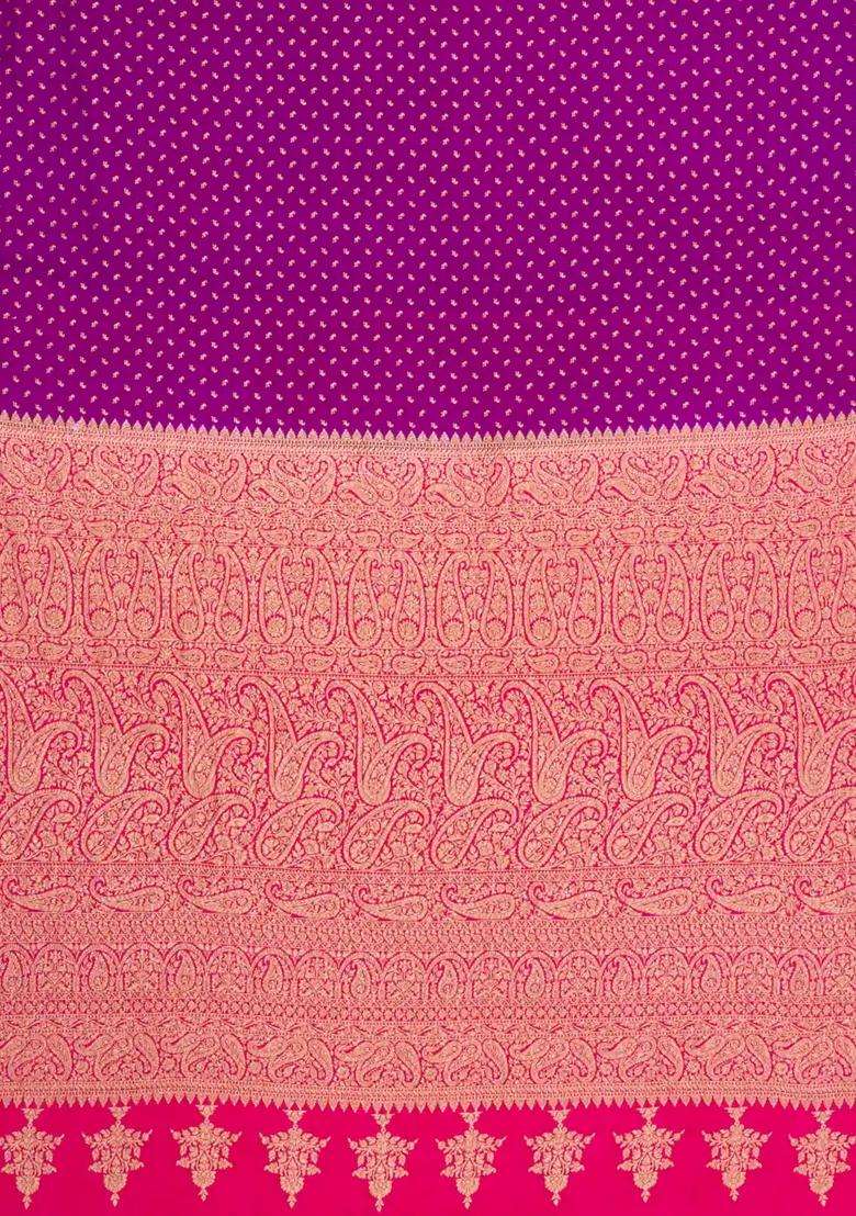 Magenta Handloom Banarasi Khaddi Georgette Silk Saree With Contrast Border With Buttas And Brocade Design For Women - Indya