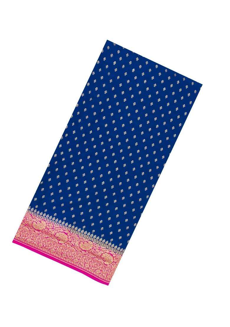 Blue Handloom Banarasi Khaddi Georgette Silk Saree With Contrast Border With Buttas And Brocade Design For Women - Indya