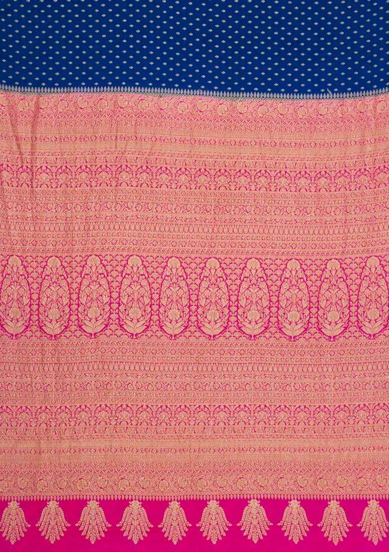 Blue Handloom Banarasi Khaddi Georgette Silk Saree With Contrast Border With Buttas And Brocade Design For Women - Indya