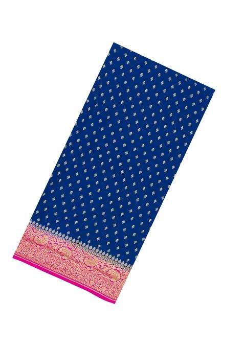 Blue Handloom Banarasi Khaddi Georgette Silk Saree With Contrast Border With Buttas And Brocade Design For Women