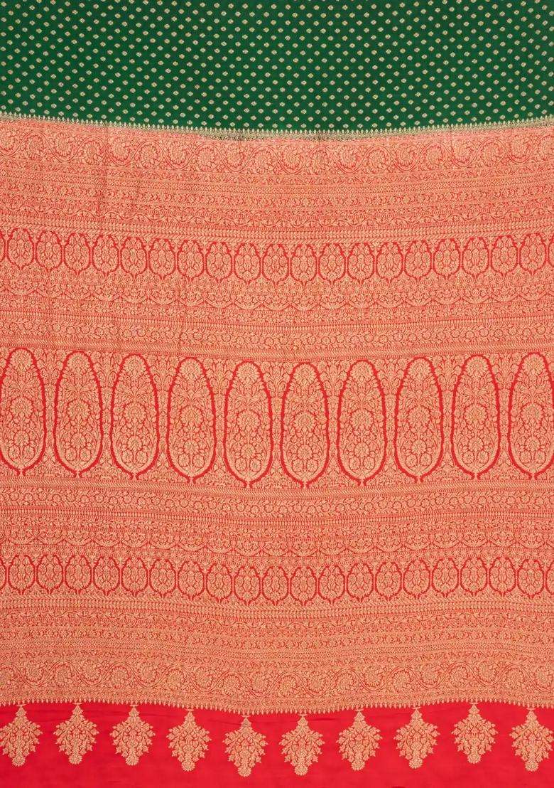 Green Handloom Banarasi Khaddi Georgette Silk Saree With Contrast Border With Buttas And Brocade Design For Women - Indya