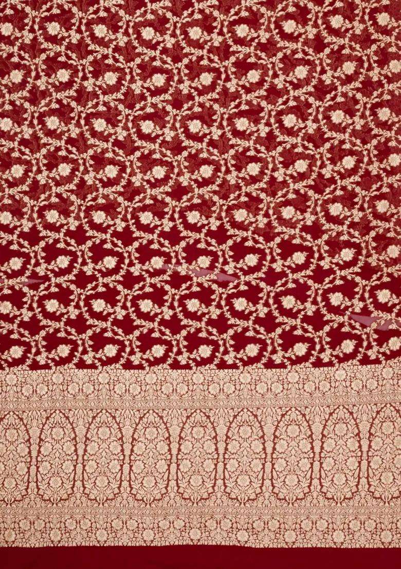 Maroon Handloom Banarasi Khaddi Georgette Silk Saree With Floral Motifs With Buttas And Brocade Design For Women - Indya