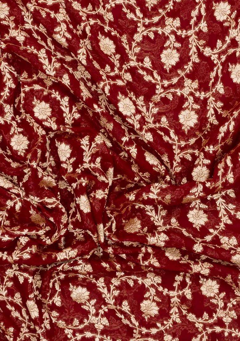 Maroon Handloom Banarasi Khaddi Georgette Silk Saree With Floral Motifs With Buttas And Brocade Design For Women - Indya