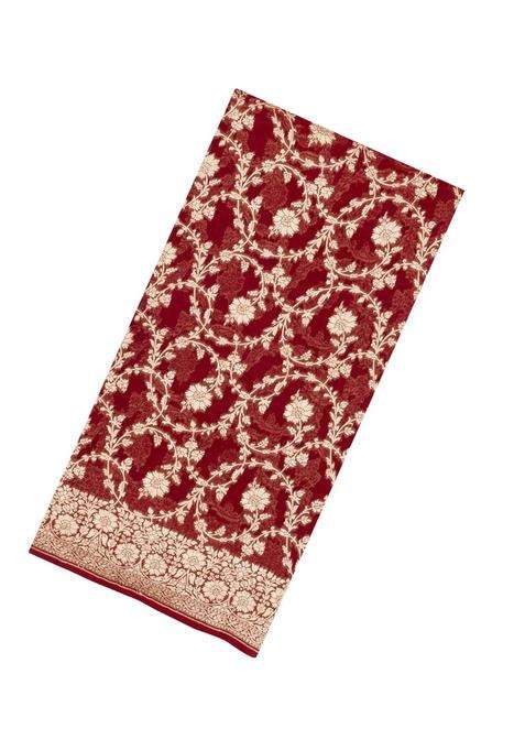 Maroon Handloom Banarasi Khaddi Georgette Silk Saree With Floral Motifs With Buttas And Brocade Design For Women