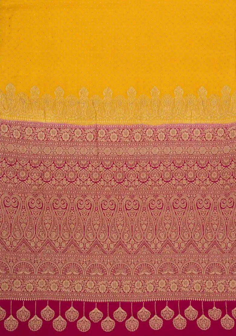Mustard Handloom Banarasi Khaddi Georgette Silk Saree With Contrast Border With Buttas And Brocade Design For Women - Indya