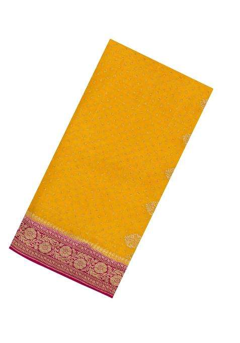 Mustard Handloom Banarasi Khaddi Georgette Silk Saree With Contrast Border With Buttas And Brocade Design For Women
