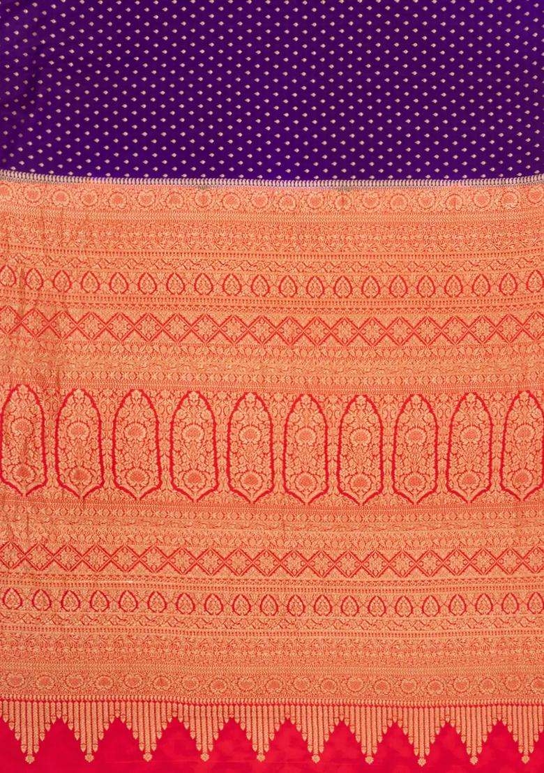 Purple Handloom Banarasi Khaddi Georgette Silk Saree With Contrast Border With Buttas And Brocade Design For Women - Indya