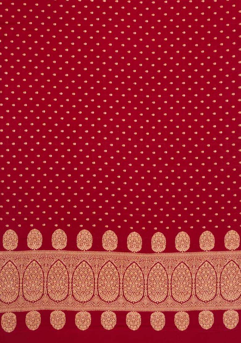 Crimson Handloom Banarasi Khaddi Georgette Silk Saree With Floral Motifs With Buttas And Brocade Design For Women - Indya