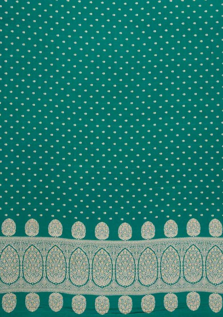 Aquamarine Handloom Banarasi Khaddi Georgette Silk Saree With Floral Motifs With Buttas And Brocade Design For Women - Indya